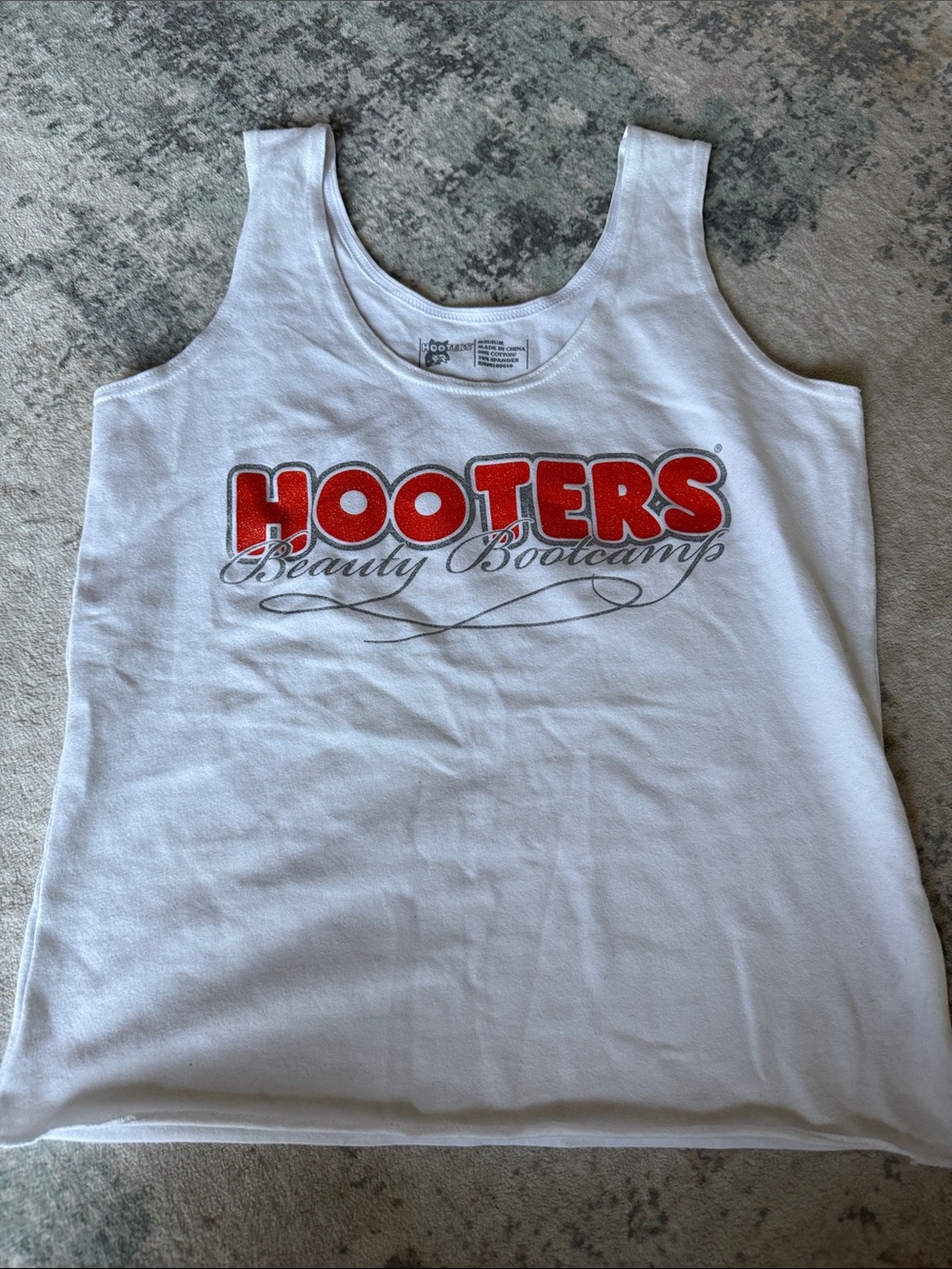 Hooters Beauty Bootcamp White Tank Top with Sparkly Orange Script Logo, Size M